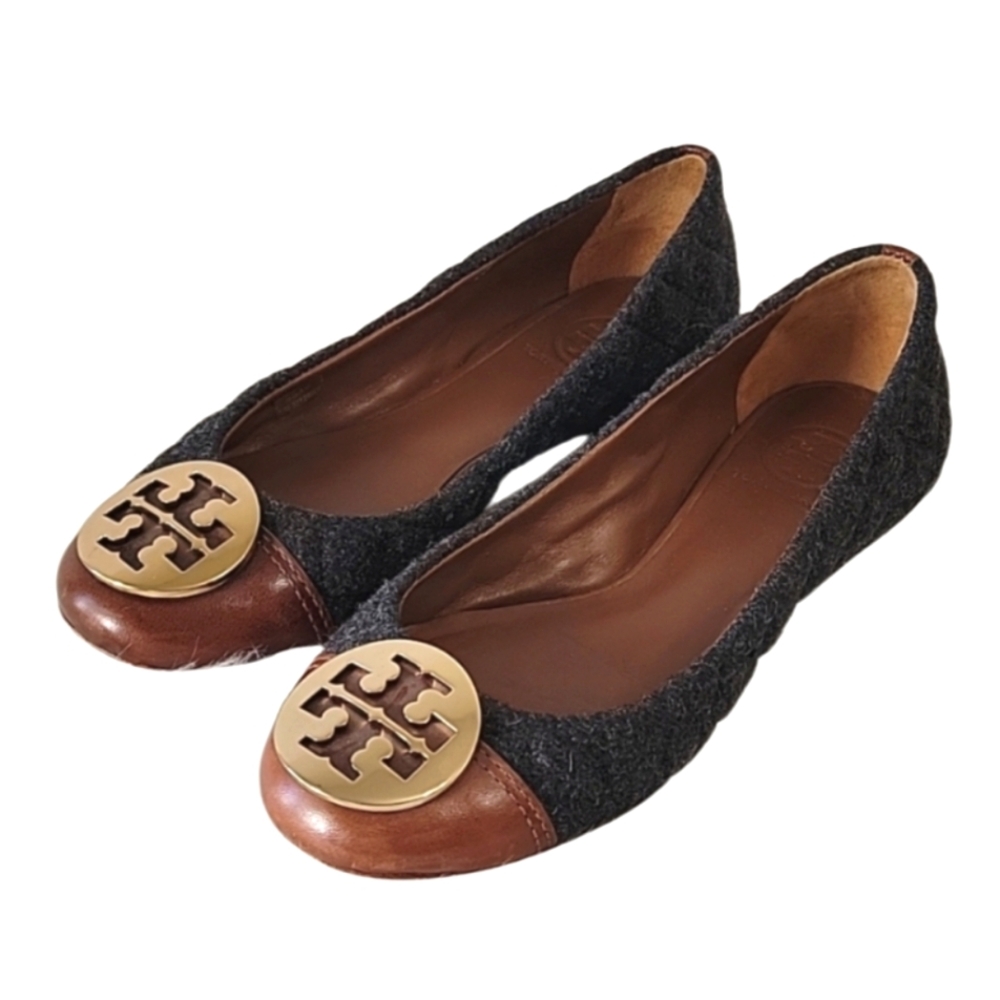 Tory Burch Parker quilted wool gray gold logo  ballet flats size 7.5